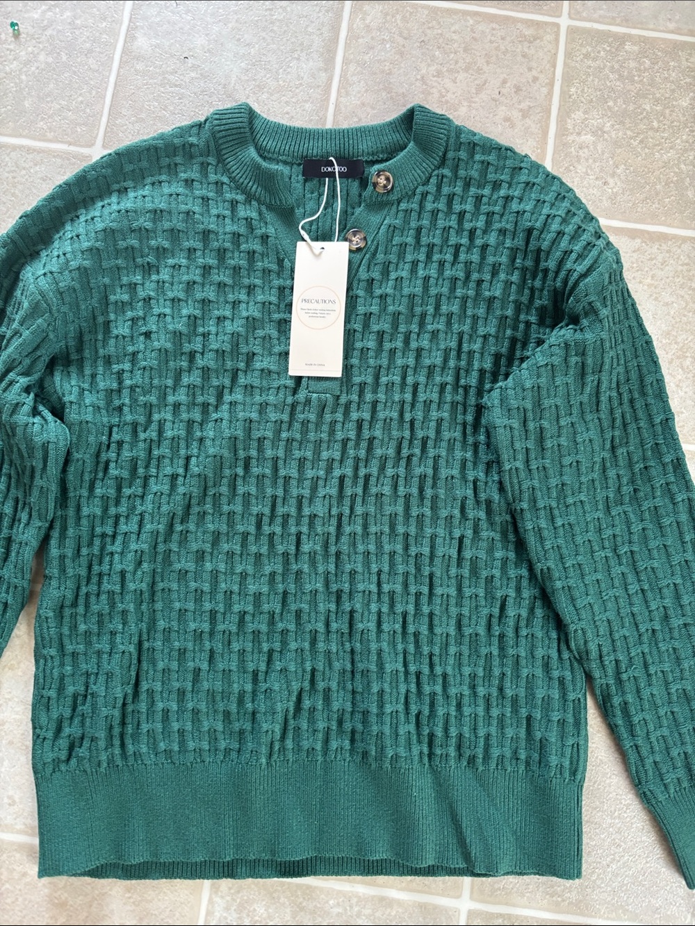 Button-Front Textured Crew Sweater in Teal Green - Women - Picture 7 of 8